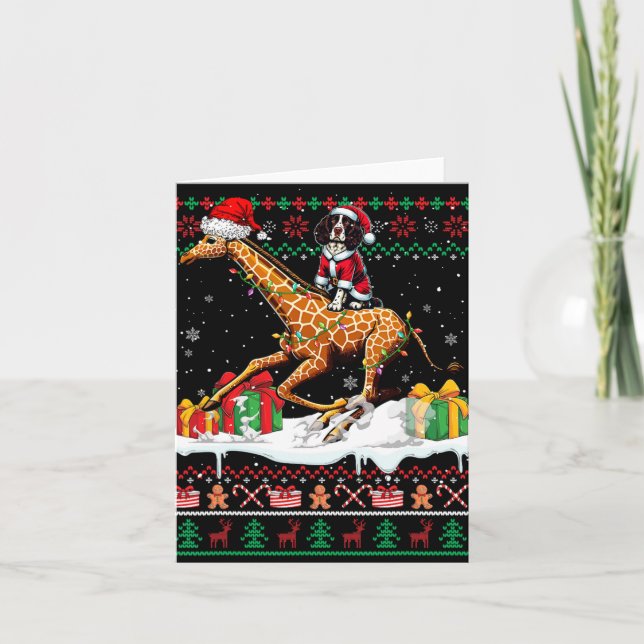 Tarjeta Santa English Springer Spaniel Riding Giraffe Xmas (Anverso)