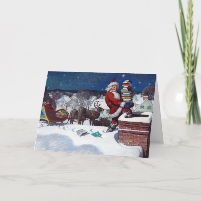 Tarjeta Santa entregando una carga de libros de N.C. Wyeth (Anverso)