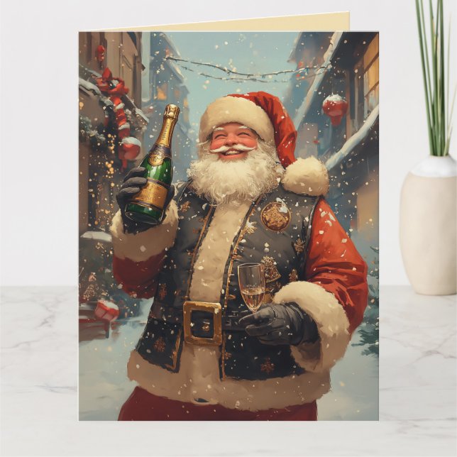 Tarjeta Santa festivo celebrando con champán (Anverso)