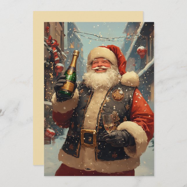 Tarjeta Santa festivo celebrando con champán (Anverso / Reverso)