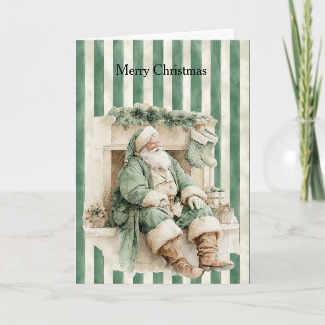 Tarjeta Santa Fireplace Stockings Green Stripes Christmas (Anverso)