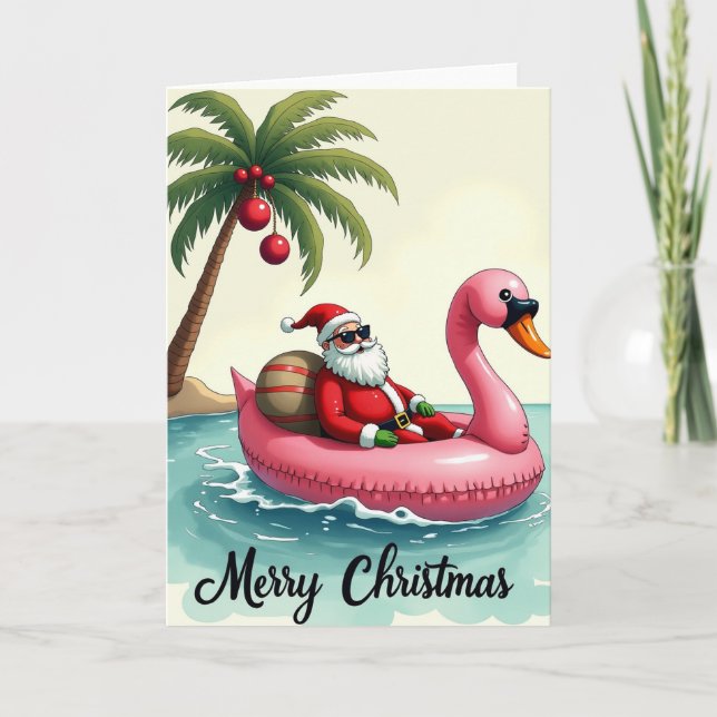Tarjeta Santa Flamingo Float Merry Christmas Tropical (Anverso)