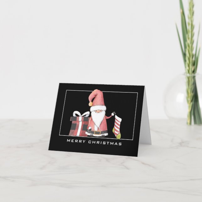 Tarjeta Santa Gnome Rojo con Navidades de comida y regalo (Anverso)