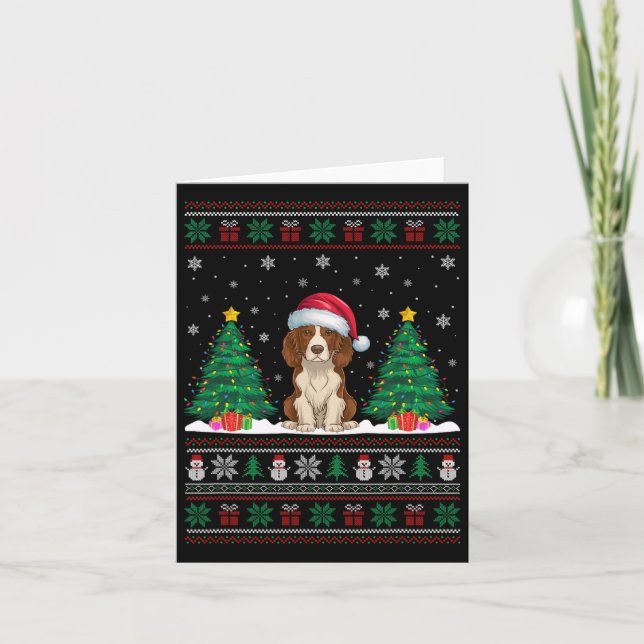 Tarjeta Santa Hat Brittany Spaniel Dog Xmas Tree iluminan  (Anverso)