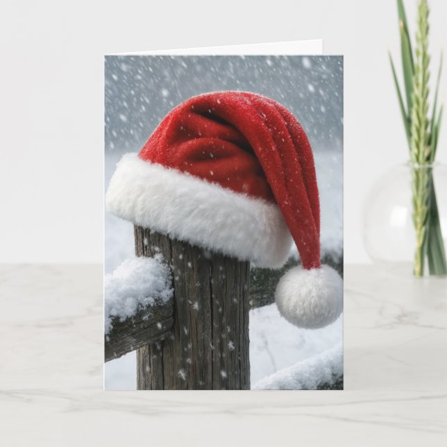 Tarjeta Santa Hat On a Snowy Fence Post (Anverso)