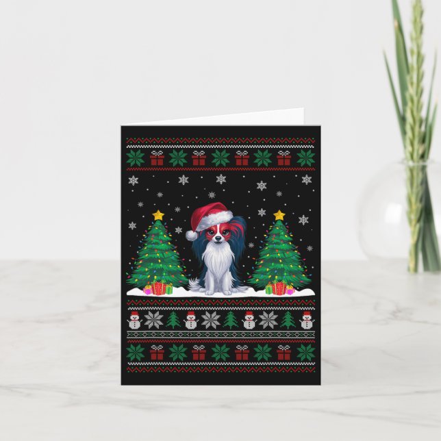Tarjeta Santa Hat Papillon Dog Árbol de Navidad se ilumina (Anverso)