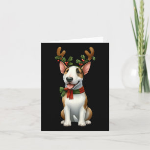 Tarjeta Santa Hat Xmas, reno de Bull Terrier, ilumina Cris