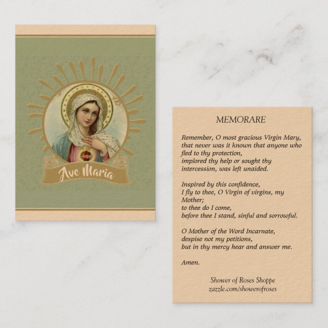 Tarjeta santa inmaculada de Maria Memorare (Anverso / Reverso)