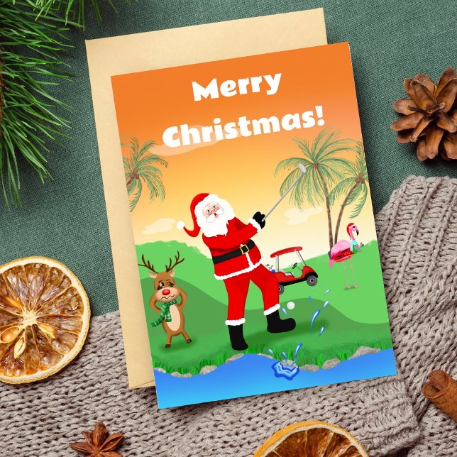 Tarjeta Santa Jugando Fuera Del Riesgo Del Agua En Florida (A great funny Christmas card to send to a golfer!)