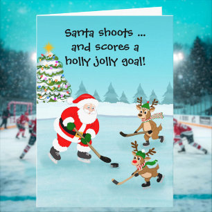 Tarjeta Santa jugando hockey con renos Navidad
