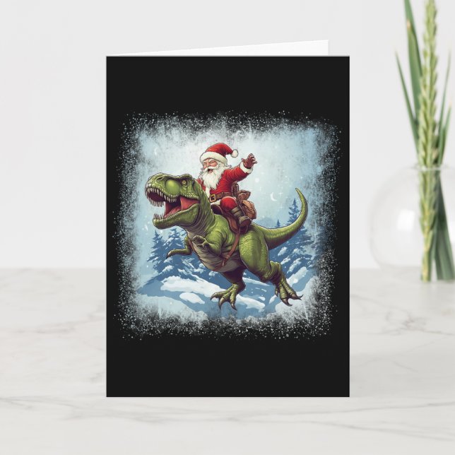 Tarjeta Santa montando un dinosaurio T-rex divertida Navid (Anverso)