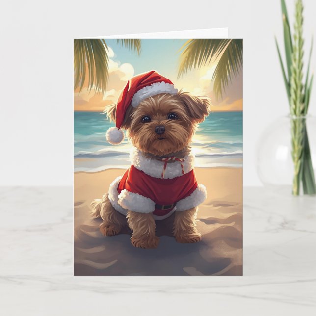 Tarjeta Santa Paws toma la playa - Navidades Shih Tzu (Anverso)
