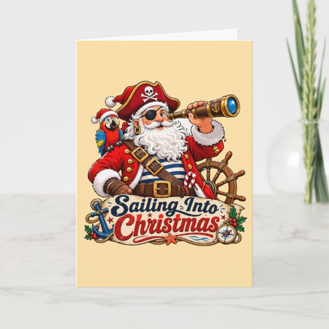 Tarjeta Santa Pirata Navegando en Navidad (Anverso)