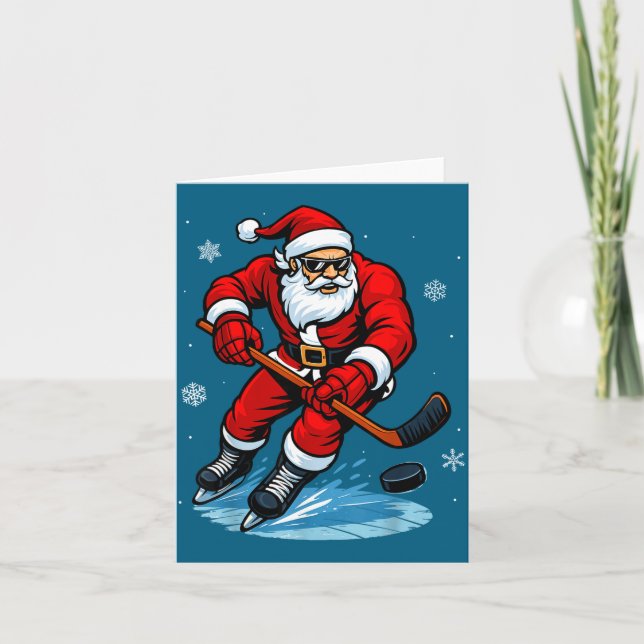 Tarjeta Santa Playing Ice Hockey Xmas Funny Christmas Hock (Anverso)