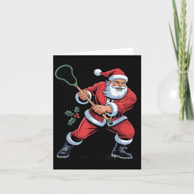 Tarjeta Santa Playing Lacrosse Funny Holiday Christmas Xma (Anverso)