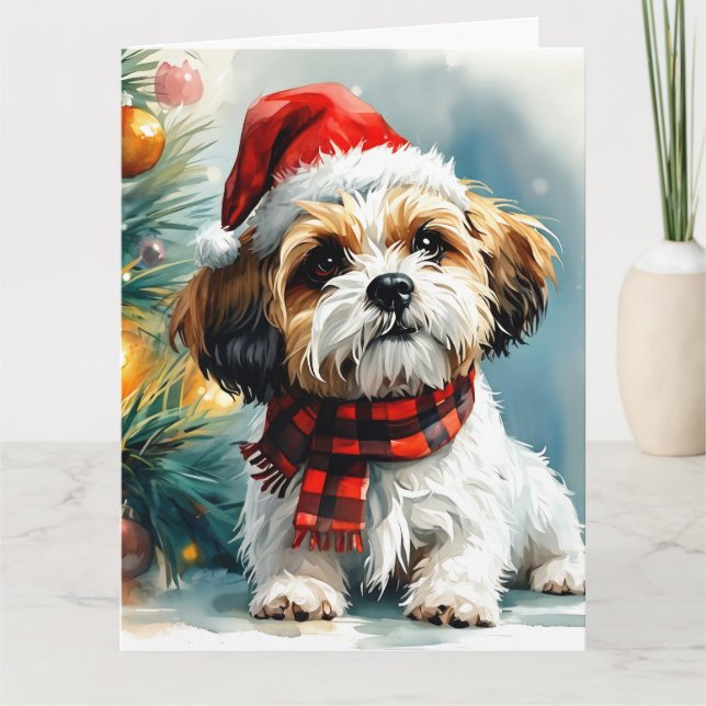 Tarjeta Santa Puppy lindo con Árbol de Navidad (Anverso)
