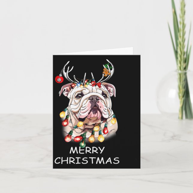 Tarjeta Santa Reindeer English Bulldog Dog Christmas Light (Anverso)