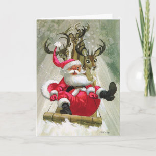 Tarjeta Santa & Reno Trineo Montar Moderno Vintage Holi
