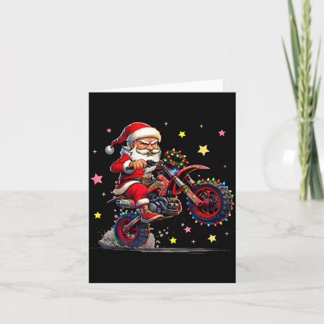 Tarjeta Santa Riding A Dirt Bike Christmas Lights Motocros (Anverso)