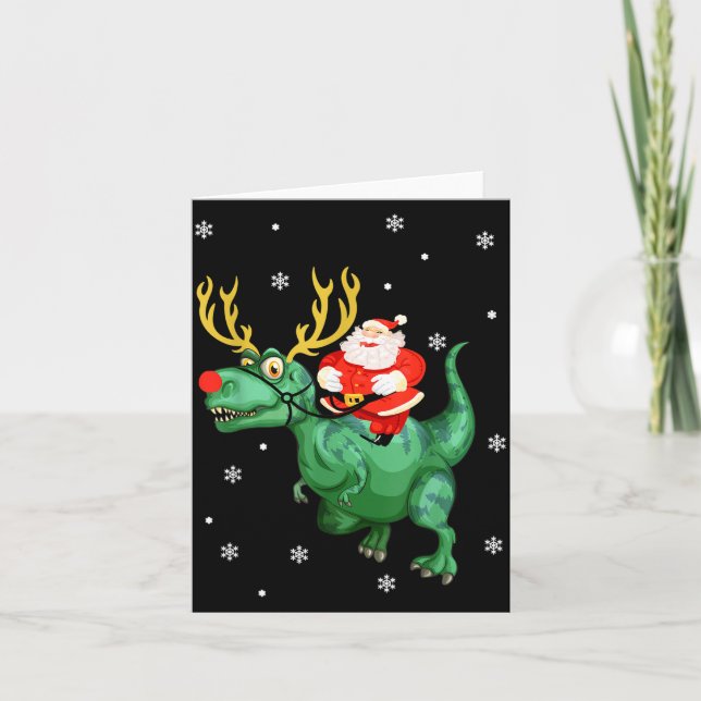 Tarjeta Santa Riding Dinosaur Funny Merry Christmas Lover  (Anverso)