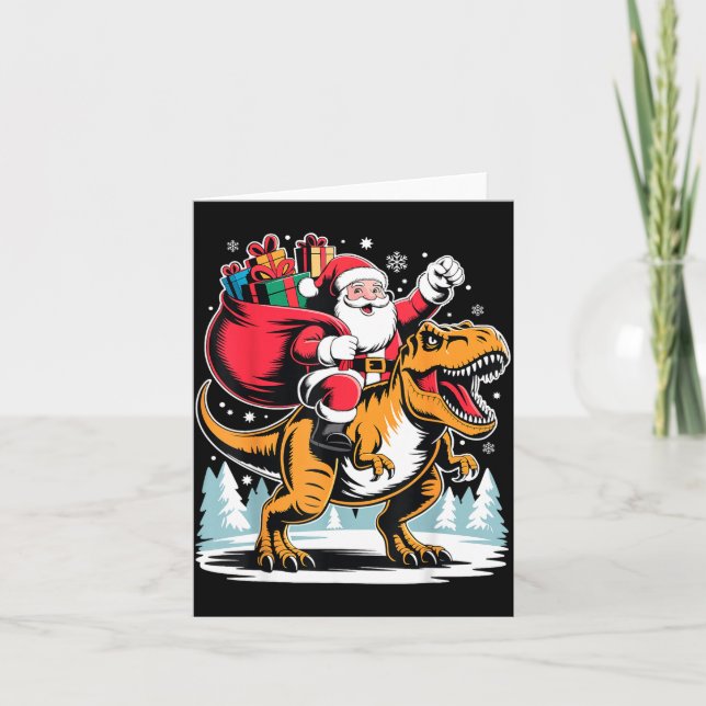 Tarjeta Santa Riding Dinosaur T Rex Christmas Boys Xmas  (Anverso)