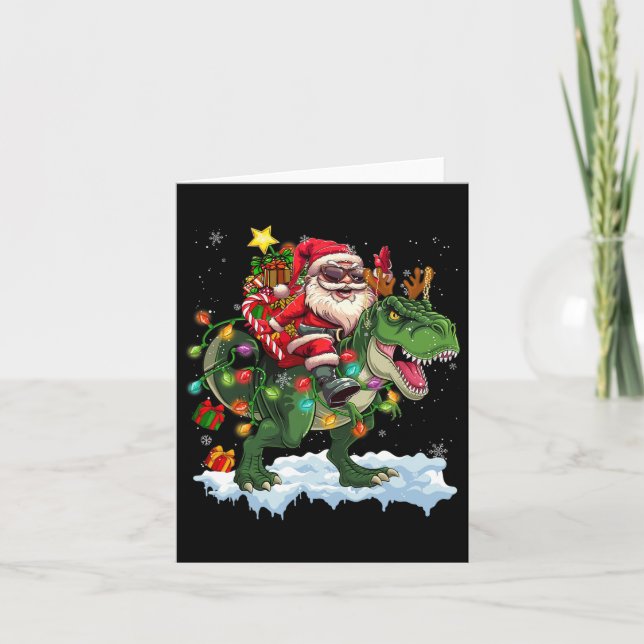 Tarjeta Santa Riding Dinosaur T Rex Christmas Light (Anverso)