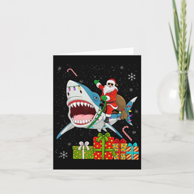 Tarjeta Santa Riding Shark Christmas Pajama Cute Ocean Ani (Anverso)