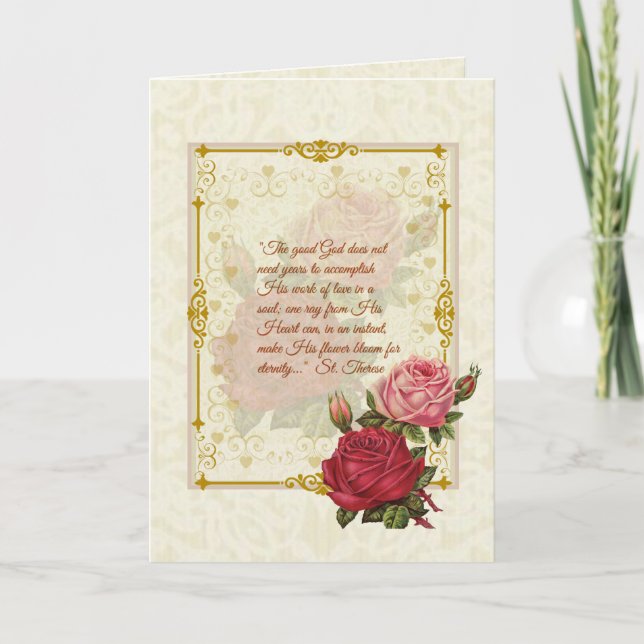 Tarjeta Santa Teresa con rosas rosadas y rojas (Anverso)