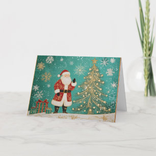 Tarjeta Santa Verde turquesa con copos de nieve de oro