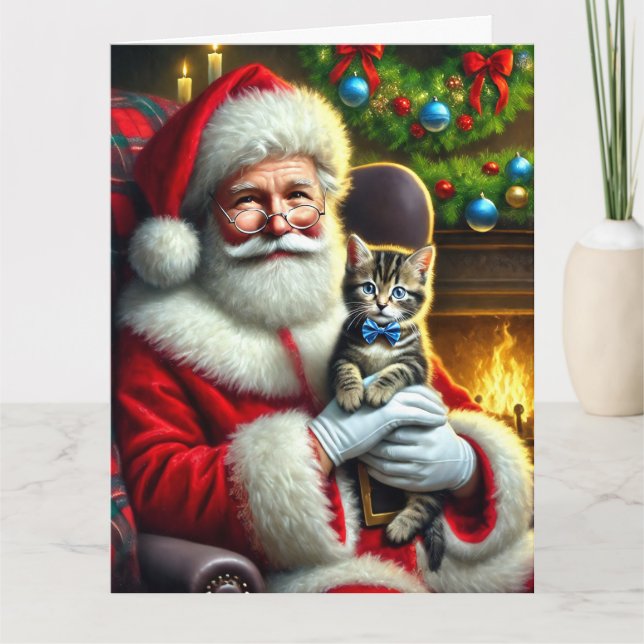 Tarjeta Santa y Adorable Gatito de Tabby con Blue Bow (Anverso)