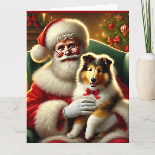 Tarjeta Santa y Collie Cuppy con el Vestido Rojo (Anverso)