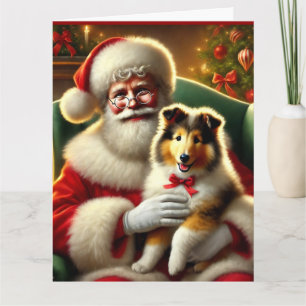 Tarjeta Santa y Collie Cuppy con el Vestido Rojo