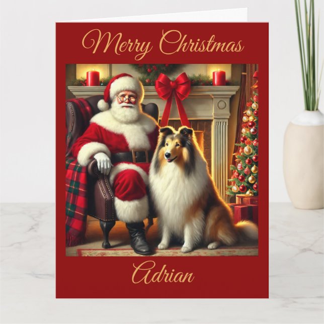 Tarjeta Santa y Collie en escena de Navidades festivos (Anverso)