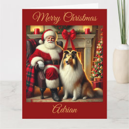 Tarjeta Santa y Collie en escena de Navidades festivos