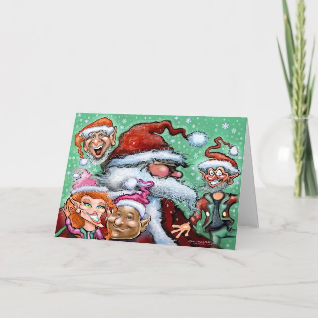 Tarjeta Santa y duendes de Navidad (Anverso)