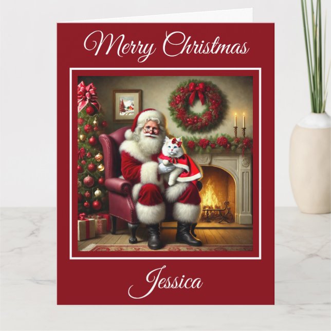 Tarjeta Santa y el hermoso gato blanco (Anverso)