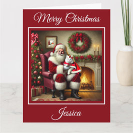 Tarjeta Santa y el hermoso gato blanco