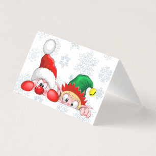Tarjeta Santa y Elfo Dibujo Animado de Navidad Divertido y