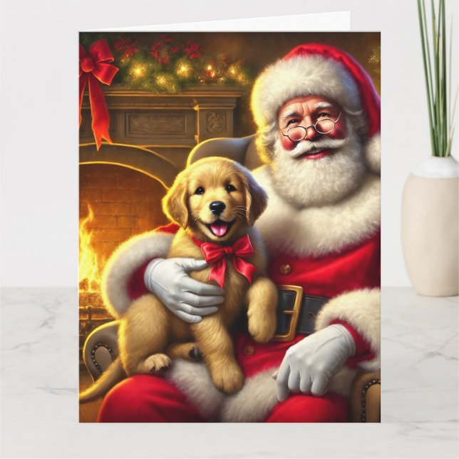 Tarjeta Santa y Golden Retriever Cuppy con arcos rojos (Anverso)