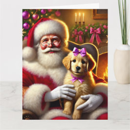Tarjeta Santa y Golden Retriever Puppy con arcos rosas