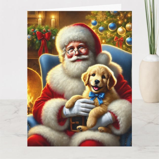 Tarjeta Santa y Golden Retriever Puppy con Blue Bow (Anverso)