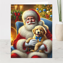 Tarjeta Santa y Golden Retriever Puppy con Blue Bow