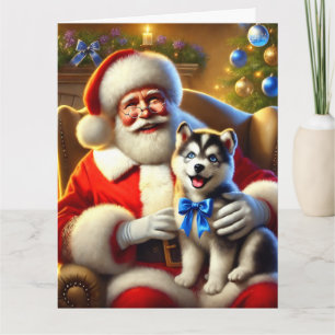 Tarjeta Santa y Husky Puppy con Blue Bow