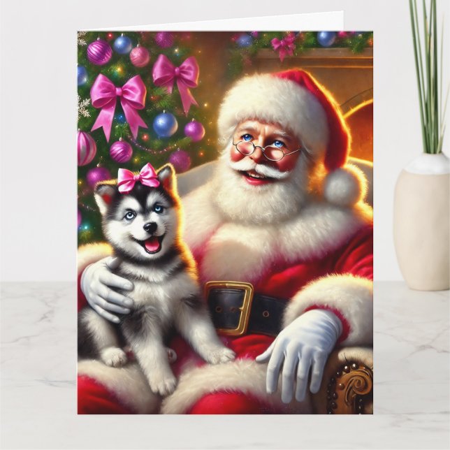 Tarjeta Santa y Husky Puppy con un oso Rosa (Anverso)