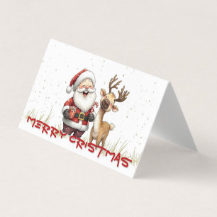 Tarjeta Santa y Reno en estilo de dibujos animados festivo