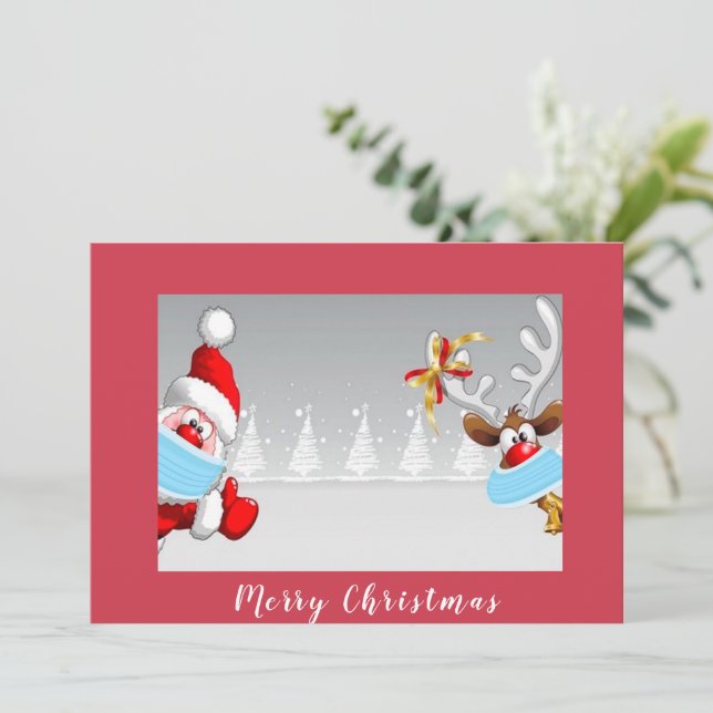 Tarjeta Santa y renos con navidades de máscaras de corona (Anverso de pie)