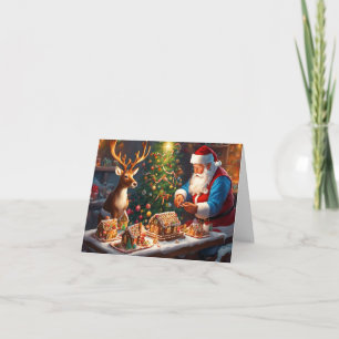 Tarjeta Santa y renos hacen casa de galletas de jengibre