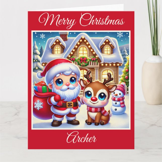 Tarjeta Santa y Rudolph los renos de la nariz roja (Anverso)