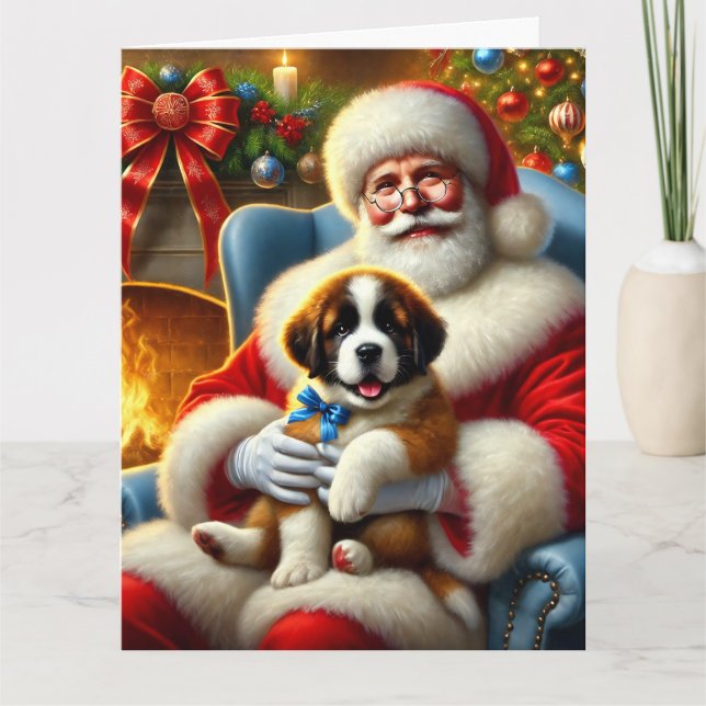 Tarjeta Santa y San Bernardo Cachorro con arco azul (Anverso)