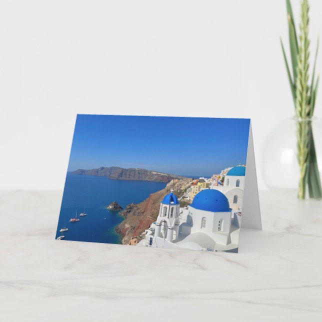 Tarjeta Santorini Grecia Foto de la iglesia Domed azul (Anverso)